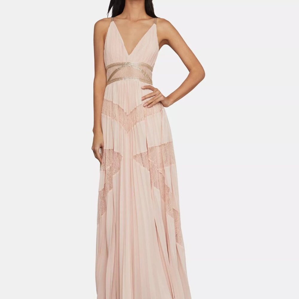 EUC BCBG MAXAZRIA Bare Pink Pleated Lace Panel Gown RETAIL $468 SIZE 8